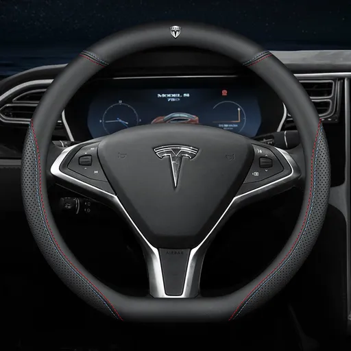 Fits Tesla model3/y/modelx/s steering wheel cover - Tesla special D-shape (two-color line) with logo - 36cm/1pc, Made of Fabric