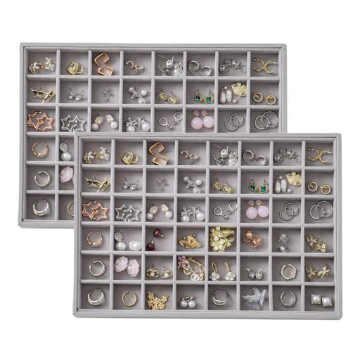 Large Velvet Jewelry Tray Display Drawer Inserts 2 Pack Stackable Jewelry Organizer for Earring Bracelet Necklace Ring 48 Grids - Gray - Size 48 Grids