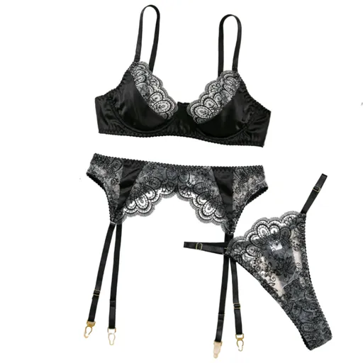House Of Dasein Sexy Embroidered Lace Bra Underwear Hollow Out Three Piece Backless Women's Lingerie With Silk Stockings - Black - M