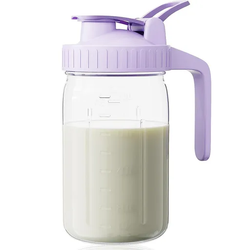 Purple Glass Mason Jar Pitcher 32oz with Flip Lid Pour Spout Milk Jug Leak-Proof Airtight Seal Wide Mouth Beverage Container Cold Brew Coffee Iced Tea Juice Milk Dispenser Fridge Storage