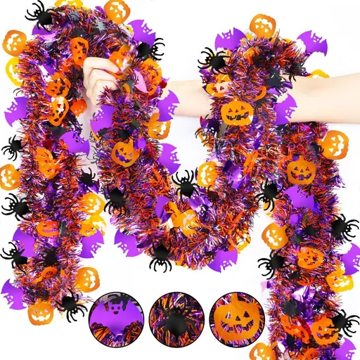 10-Pack 2M Halloween Garland,Purple Orange Tinsel Garland Halloween Decorations | Shiny Metallic Twist Halloween Tinsel Garland for Home Mantle Office Indoor Outdoor Stairs Party Tree Decorations - Multi-color - Size C