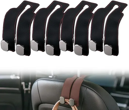 Headrest Hooks for Car Car Seat Hooks for Headrest,2026 Hooks for Purses and Bags Cute Car Purse Holder,Twinhook Leather Car Headrest Hangers Seat Back Organizers for Travel (Black*4)