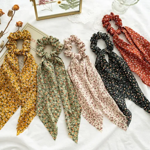 5 Pcs Floral Hair Scarf with Ribbon Bow for Woman Girls,Hair Scrunchies with Bow, Chiffon Floral Scrunchie Long Hair Bands