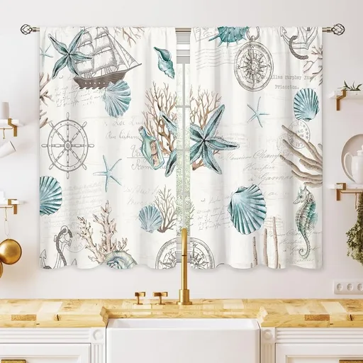 Ocean Beach Valve Kitchen Curtains Sea Coast Starfish Shell Curtains Blue Ocean Underwater Bedroom Bathroom Living Room Treatment Layer Fabric 1 Panel 52Wx18H inches