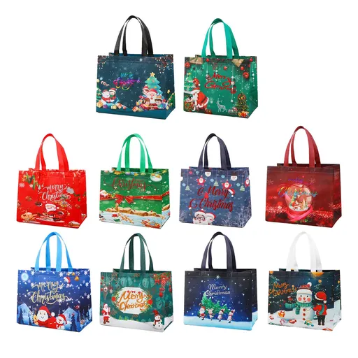 10PCS Xmas Present Bags with Handles Xmas Treat Bags Multifunctional Non Woven Xmas Bags for Present Wrapping Shopping Party Supplies