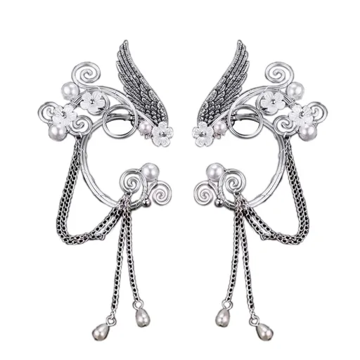 Handmade Nonpierced Elf Fairy Ear Cuff Wrap Earring Celtic Elven Flower Faux Pearl Bead Wing Chain Tassel Clip-On Earring