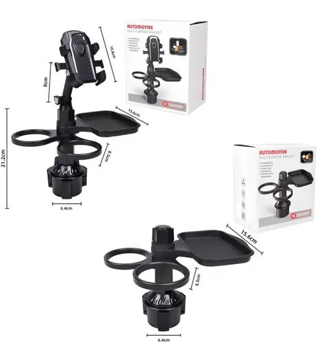 2-Pack (2-in-1 Standard Version & 3-in-1 Pro Phone Mount Version) Car Rotating Dinner Tray & Double Cup Holder with Secure Phone Mount - Car Cup Slot Swivel Expander and Snacks & Drinks Organizer
