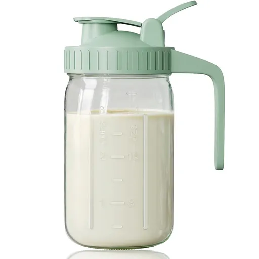 Green Glass Mason Jar Pitcher 32oz with Flip Lid Pour Spout Milk Jug Leak-Proof Airtight Seal Wide Mouth Beverage Container Cold Brew Coffee Iced Tea Juice Milk Dispenser Fridge Storage
