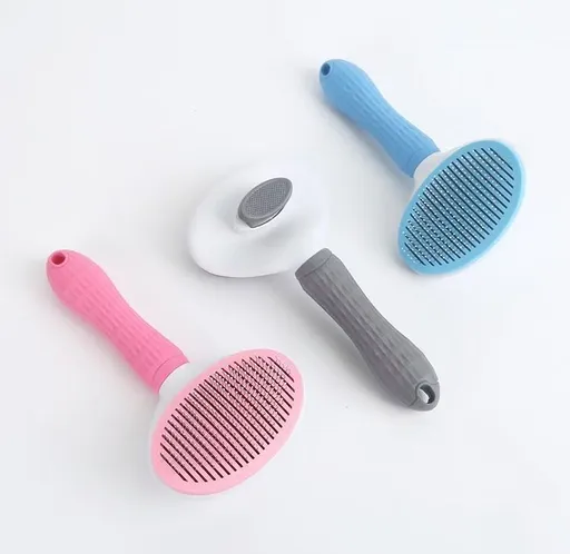 Pet Comb One Touch Press Dog Cat Medium Blue Pink