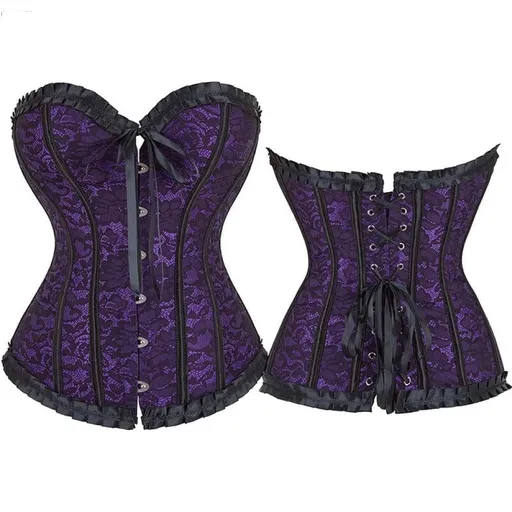 House Of Dasein Fishbone Bow Tight Chest Binder Bustier For Gothic Dress Women 10 Ruffled Lace Victorian Corset Top Purple Medium - Purple - Xxxl