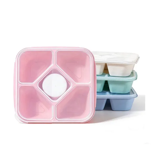 Bento Box 4 Pack, 5-Compartment Snack Containers with Lids, Wheat Straw BPA-Free Lunchable Container, Reusable Meal Prep Food Storage for Adults, Microwave Dishwasher Safe