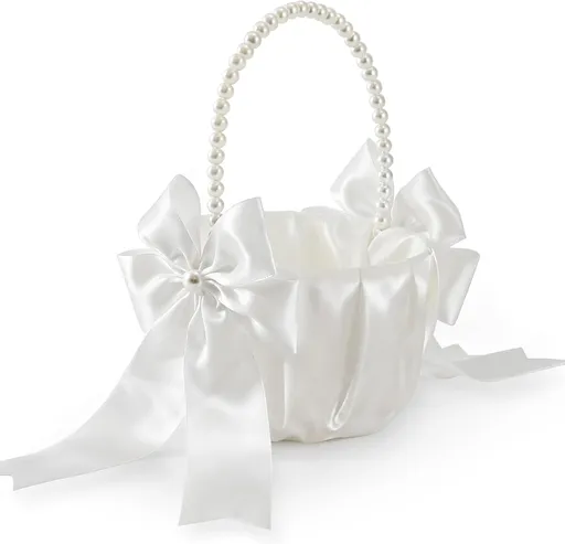 Wedding Flower Girl Basket - Elegant Pearl Handle with Bow Decoration, Ivory Color - 5.1" Diameter, Perfect for Flower Girls, Weddings, and Parties