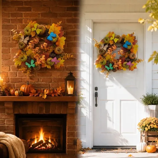 Fall Artificial Front Door Wreath with LED Lights, Pumpkins and Maple Leaves, Reusable Hanging Decoration for Front Doors, Walls, Windows, Mantels, Porches and Seasonal Home, Design B, Yellow