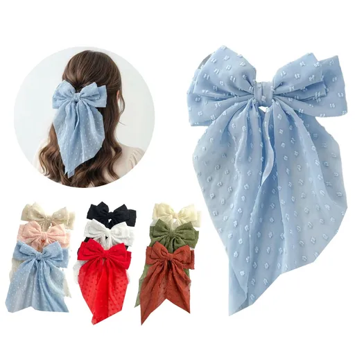 9PCS Large Hair Bow Clips for Women, Polyester Hair Bows with Long Tail, Sweet Dot Barrettes Hair Accessories
