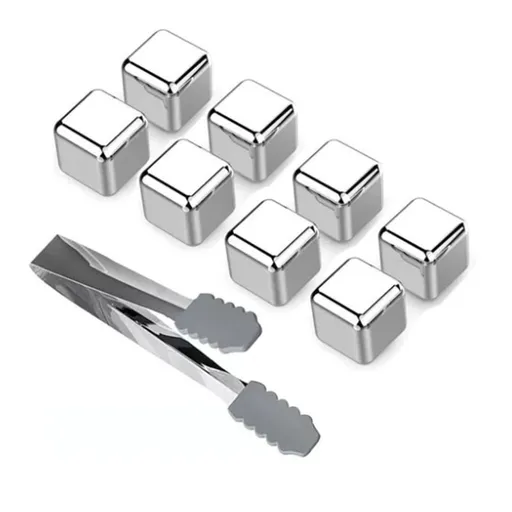 8PCS Metal Ice Cubes 304 Stainless Steel with Ice Tongs Widely Used Whiskey Stones for Chilling Whiskey Beverage