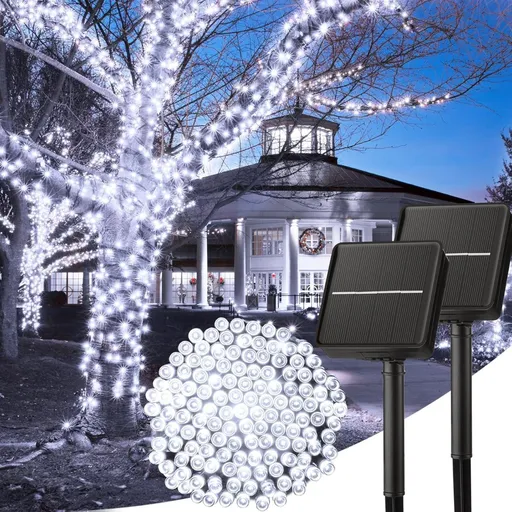Solar String Lights Outdoor, 2 Pack LED Solar Outdoor Lights | Solar Fairy Lights with 8 Lighting Modes, Waterproof Solar Christmas Halloween Lights for Outside Tree Garden Balcony Gazebo Party - White - Size 105ft 300-LED String Light