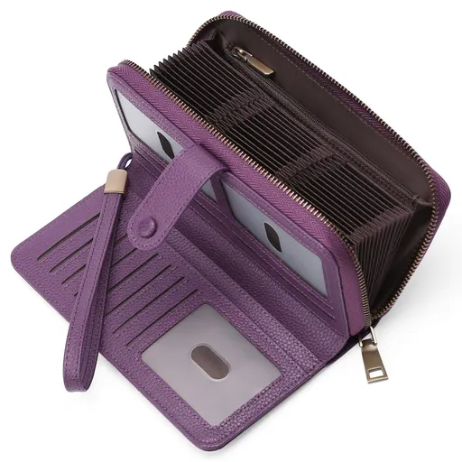 Leather Credit Card Holder Wallet for Women RFID Blocking Large Capacity Bifold Zipper Card Case Organizer with Wristlet 45 Slots（deep purple）