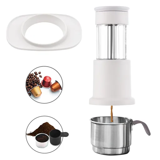 Portable Coffee Maker 2 in 1 Travel Coffee Machine Compatible NES Capsule and Ground Coffee Manual Hand Press Coffee Maker with 120ml Stainless Steel Cup 80ml Water Tank Cup Adapter Bracket