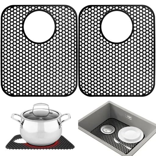 Kitchen Sink Mats, 2PCS Non-Slip Heat Resistant Silicone Sink Protector Mat, Folding Farmhouse Rear Drain Sink Mats (Type2: Side Drain, Black)