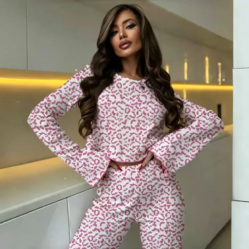 Pink Leopard Size L | Women's Bell Sleeve Leopard Pajama Set | Christmas Chic Leopard Gift | Spring Fall Stylish Loose Long Sleeve Long Pants Loungewear