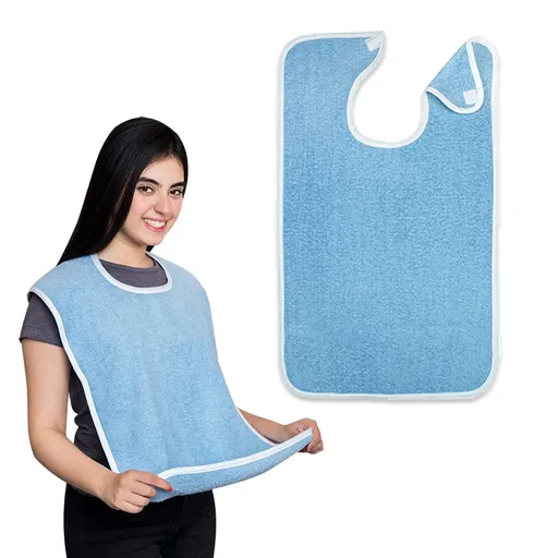 2 Pack Adult Terrycloth Bibs with Waterproof Lining, Reusable Clothing Protectors with Neck Closure for Meals and Care, Blue