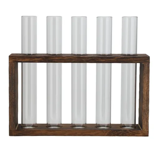 Tabletop Glass Tube Vase High Borosilicate Glass Pine Wood Frame Retro Tube Plant Vase for Hydroponic Plants Home Decoration5 Bottles