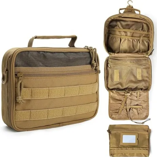 ✨ Army Green Hanging Toiletry Bag | 8+ Compartments + Built-in Mirror | Double Zippers & Hook, Lightweight Water-Resistant for Travel, Gym & Bathroom!/brown
