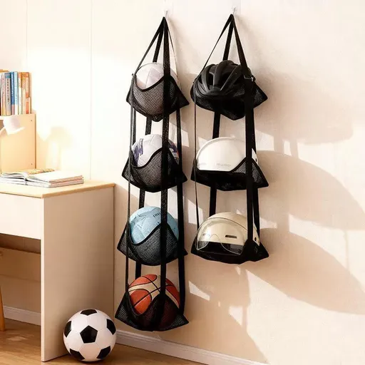 2pcs Mesh Ball Storage Organizer, 3+4 Layer Sports Ball Storage Holder Bag Wall Mount Rack Hanging Supplies Accessories for Basketball Soccer Volleyball & Football - Black