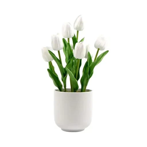 Artificial Flowering White Tulip Plant Arrangement 35cm Ceramic Bowl