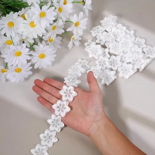 2 Yards White Flower Lace Pearl Trim, Flower Trim Ribbon 3D Pearl Beads Embroidered Floral Applique Fabric Clothes Decoration for DIY Handmade Sewing, Wedding Bridal Dresses, Crafts, Home Decor