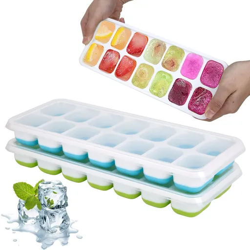 2 PCS Ice Cube Tray, Silicone Ice Tray, 14 Ice Cube Molds with Lids, Stackable Ice Cube Molds for Chilling Drinks, Whiskeys
