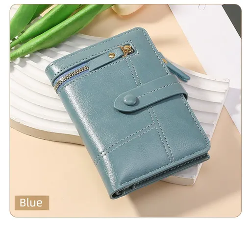 Blue Soft PU Leather Women's Wallet – Compact Foldable Wallet with Multiple Card Slots and Zippered Compartment