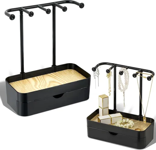 Industrial Jewelry Organizer with Wooden Tray - Necklace Holder & Storage for Women - Black - Gift Idea