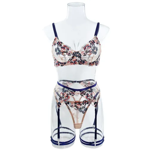 House Of Dasein Feminine Sheer Floral Flowers Lace Bra Panties Garter Belt Lingerie Set - Blue - L