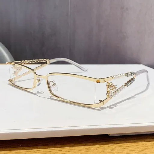 Women's Rectangle Glasses, Pearl Rhinestone Gold Metal Frame with Anti-Blue Light Clear Lenses for Streetwear, Party, Office
