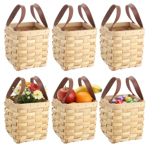 6 Pack Small Woven Gift Baskets with Leather Handles, Mini Wooden Storage Buckets, Rustic Decorative Party Favor Containers for Easter, Wedding, Candy, Crafts 4.3" x 4.7