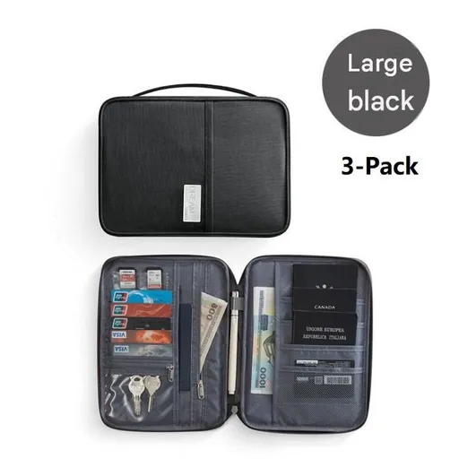 3-pack Large size Black Travel Document Organiser - Waterproof Oxford Cloth Passport Holder With Multi-Pocket Storage - Portable Card And Cash Wallet For Holidays