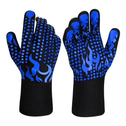 BBQ Gloves Extreme Heat Resistant 500°C Aramid Fiber Non-Slip Silicone Grip Blue