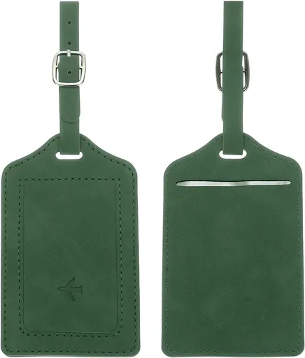 2 Pcs Suitcase Tags, Green Leather Luggage Name Tags Travel Accessories Airplane Travel Essentials for Flying Hotel Check in Luggage Bags Men Women, 4.72 x 2.76 x 0.08