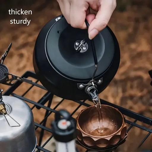 Portable Camping Kettle, 304 Stainless Steel, 1000ML Ultra-Light, Self-Standing Silicone Grip, Damping Lid, Dual-Ring Base.（BLACK)