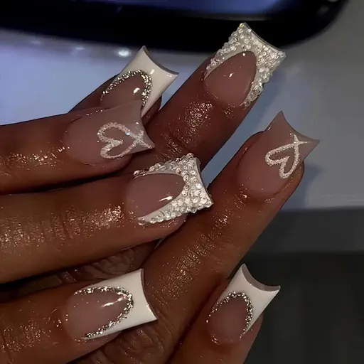 Nude Square Press on Nails Short Length,White French Tips Fake Nails with Rhinestones Design for Birthday/Bride/Holiday/Christmas/Valentine'S Day/Women/Young Various colors 1 Fl Oz (Pack of 1)