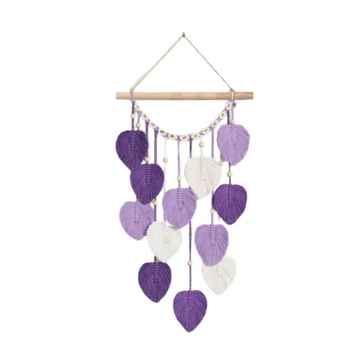 Wall Hanging Leaves Chic Woven Leaf Tassels Decoration Cotton Ornaments Tapestry Room Decor Modern Bohemian Handmade Feather Wall Art Decorations for Apartment Backdrop (Purple)