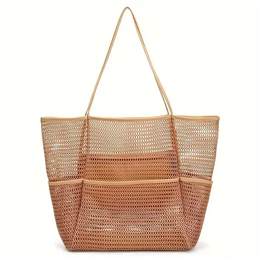 Brown Breathable Mesh Beach Tote Bag – Large Capacity Sand-Free Bag with Zipper Pocket & Multi-Purpose Storage