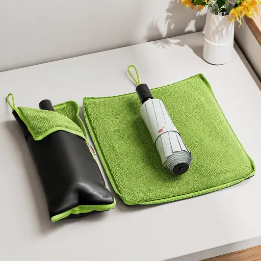 2-Pack Waterproof Oxford Umbrella Storage Pouch with Zipper and Absorbent Microfiber Lining, Mutifunctional Hanging Umbrella Sleeve & Cleaning Cloth for Car Travel School and Daily Use, Black and Green 28 x 12cm