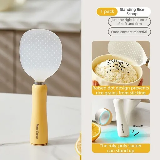 Stand-Up Rice Paddle, Suction-Base Non-Stick Rice Spoon for Home Kitchens—Yellow