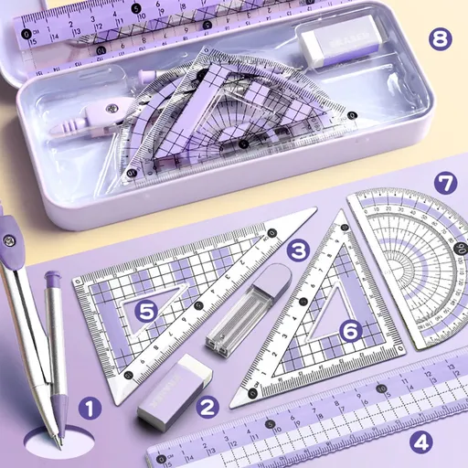 Ruler,Avoid Myopia Math Geometry Kit 8 Piece Supplies Set with Shatterproof Storage Box Including Ruler Protractor Eraser Lead Leads Pencils for,ice Supplies,Stationery 7.09*3.15*1.57 Purple