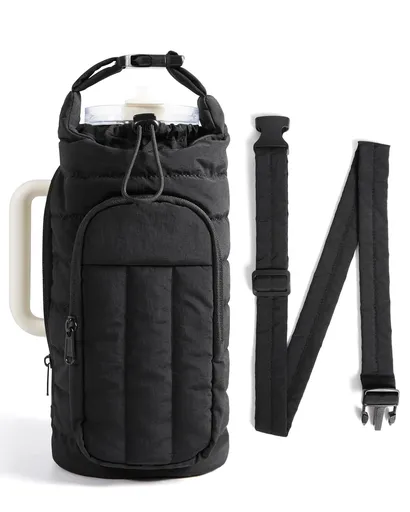 Magnetic Water Bottle Holder with Strap, Gym Accessories for Women Magnetic or Classic Design, Lightweight Tumbler Drink Carrier, Quilted Crossbody Purse, 64oz (Black)