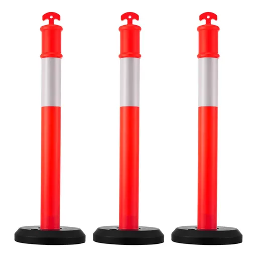 3 Pack Traffic Delineator Posts, 1140 mm Traffic Safety Cones with Fillable Base and Reflective Strips, Heavy Duty Delineator Posts for Construction Site, Parking Lot, Crowd Control, Red