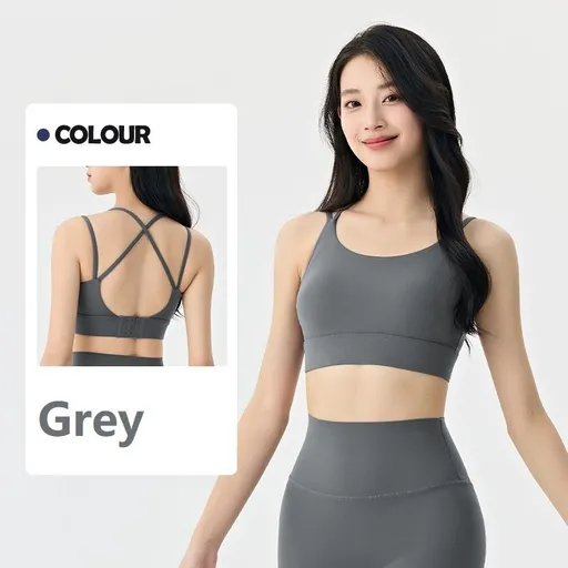 Grey L Size One-piece sports bra with thin straps - Nylon - Fixed Cup, Adjustable Back Closure, Cross Back Straps, Breathable Fabric for Yoga and Gym