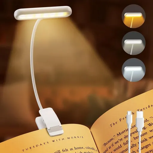 Rechargeable Reading Lamp with Type-C Cable - LED Reading Light for Book with Clip - 24 LED - Reading Lamp Clip [3 Light Modes] - Dimmable - Mini Flexible Night Light - 315° Rotatable Reading Lamp - With Gooseneck and Clip for Children - White